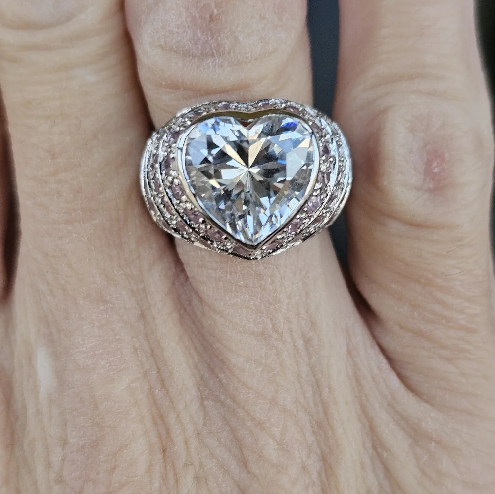 Perfect Heart Shaped Diamond & Pink Sapphire Simulant Ring Sterling Silver Sz 6! - Picture 6 of 6